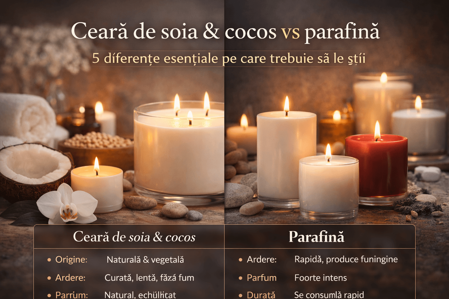 Ceară de soia & cocos vs parafină – 5 diferențe esențiale pe care trebuie să le știi
